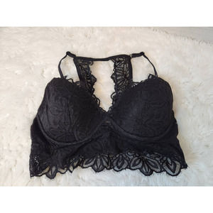 🤑PINK Victoria's Secret Women's Black Lace Floral Padded Longline Bra size Lg